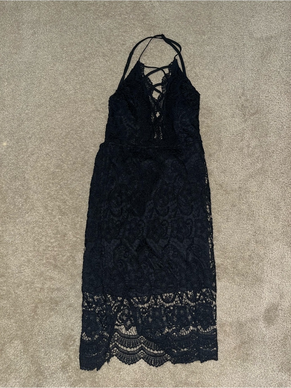 Miss Avenue Black Lace Halter Midi Dress with Scalloped Hem